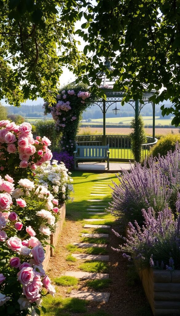 A lush English garden backyard, filled with romantic border plantings of cascading pink roses, white clematis, and fragrant lavender. In the foreground, a charming cottage-style garden path winds through the vibrant beds, bordered by low stone walls. Dappled sunlight filters through the trees above, casting a warm, golden glow over the scene. In the middle ground, a quaint wooden bench invites visitors to pause and admire the idyllic setting. In the background, a wrought-iron gazebo draped in climbing vines provides a focal point, framed by a picturesque view of a gently rolling lawn and distant hedgerows. The overall mood is one of tranquility, beauty, and quintessential English country charm.