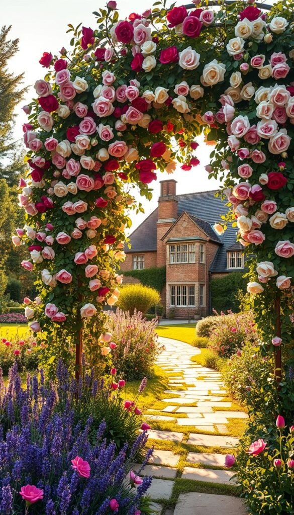 A lush English garden in golden afternoon light, towering trellises entwined with cascading, fragrant climbing roses in full bloom - deep crimson, soft pink, and creamy white petals dancing in a gentle breeze. Dappled sunlight filters through the rose vines, casting warm shadows across the stone path winding through the flower beds. In the foreground, a profusion of colorful perennials - lavender, peonies, and fragrant jasmine - framing the rose-covered archway. In the distance, a centuries-old manor house with warm brick and weathered stone, the perfect backdrop for this timeless English garden scene.