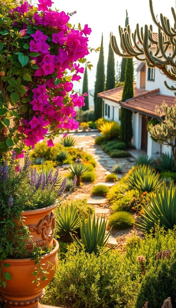 A lush Mediterranean garden, bathed in warm, golden light. In the foreground, an ornate terracotta planter overflows with vibrant, fragrant herbs - rosemary, lavender, and oregano. Trailing vines of ivy and cascading bougainvillea frame the scene, creating a sense of abundance and natural charm. In the middle ground, a rustic stone path winds through a tapestry of drought-tolerant perennials - agave, succulents, and fragrant olive trees. In the background, a weathered white-washed villa with terracotta roof tiles, surrounded by cypress trees and the distant shimmer of the azure sea. The atmosphere is one of relaxed, timeless elegance, capturing the essence of the Mediterranean lifestyle.