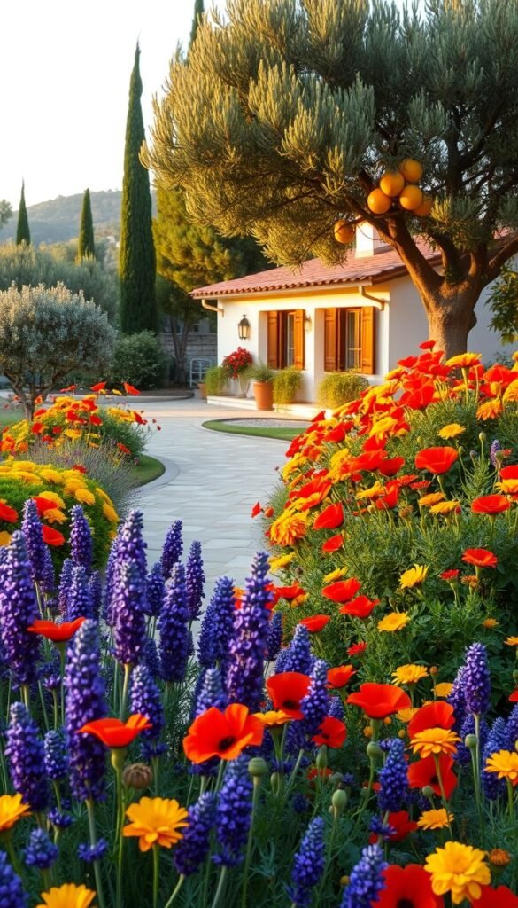 A lush Mediterranean garden bursting with vibrant colors. In the foreground, a kaleidoscope of blooming flowers - fragrant lavender, bold red poppies, and delicate yellow marigolds. The middle ground features a meandering stone pathway flanked by potted citrus trees, their glossy green leaves and ripe, golden fruits catching the warm afternoon light. In the background, a whitewashed villa with terracotta roof tiles, surrounded by a verdant canopy of olive trees and tall cypress sentinels. The scene is bathed in a soft, golden glow, evoking the serene and timeless essence of the Mediterranean aesthetic.