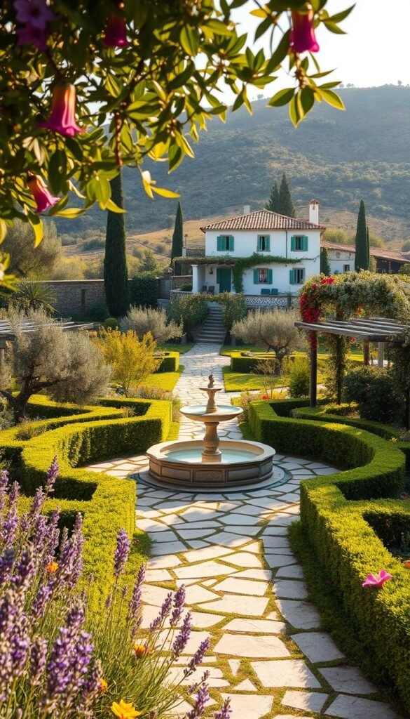 A lush Mediterranean garden layout with a central fountain, surrounded by neatly trimmed hedges and winding stone pathways. In the foreground, vibrant flowers such as lavender, rosemary, and bougainvillea cascade along the edges. The middle ground features olive trees, citrus groves, and a pergola draped with grapevines, casting dappled sunlight across the scene. In the background, a whitewashed villa with terracotta roof tiles sits atop a gentle slope, overlooking the verdant landscape. The overall atmosphere is one of tranquility and timeless elegance, captured with a warm, golden-hour lighting and a wide-angle lens to showcase the harmonious layout.