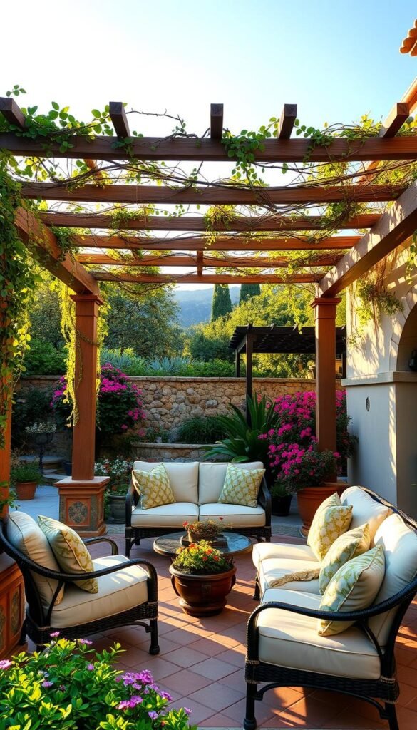 A lush Mediterranean outdoor living space with a beautifully crafted pergola, surrounded by a lush garden oasis. The pergola features intricate wooden beams and delicate climbing vines, casting gentle shadows over the cozy seating arrangement below. The area is bathed in warm, golden afternoon light, creating a serene and inviting atmosphere. In the foreground, plush cushioned chairs and a matching loveseat invite guests to relax and unwind. The middle ground showcases a variety of potted plants and flowering Mediterranean shrubs, adding pops of vibrant color. In the background, a stone wall and terracotta tiles hint at the broader Mediterranean aesthetic, seamlessly integrating the space with its natural surroundings.