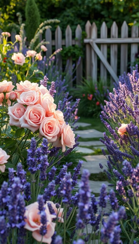 A lush and enchanting cottage garden, overflowing with the delicate beauty of pale pink and lavender hues. In the foreground, clusters of soft, velvety rose blooms in shades of blush and coral, their petals kissed by the warm afternoon sunlight. Surrounding them, a profusion of fragrant lavender plants sway gently in a light breeze, their slender stems and purple-blue flowers creating a captivating contrast. In the middle ground, a winding stone path leads the eye deeper into the scene, flanked by verdant foliage and the occasional burst of color from other perennial flowers. The background features a charming, weathered wooden fence, partially obscured by the abundant greenery, conveying a sense of timeless, rustic charm. The entire composition evokes a sense of tranquility and romance, inviting the viewer to step into this enchanting cottage garden oasis.
