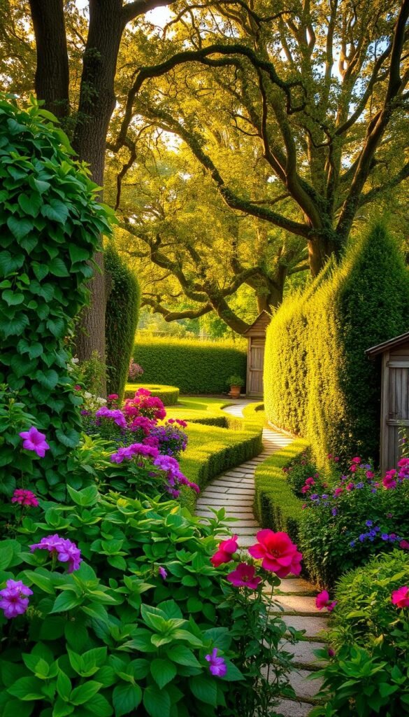 A lush and verdant garden, bathed in warm, golden light filtering through the canopy of towering trees. In the foreground, a profusion of flourishing plants - thick vines cascade down trellises, their leaves rustling softly in the gentle breeze. Vibrant flowers in shades of pink, purple, and crimson bloom amidst the verdant foliage, their petals gently unfurling. In the middle ground, a winding stone path meanders through the abundant greenery, inviting exploration. Tall, stately hedges line the borders, creating a sense of privacy and seclusion. The background features a glimpse of a quaint, weathered garden shed, its weathered wood adding to the timeless, enchanting atmosphere. Overall, the scene exudes a serene, otherworldly charm, a hidden oasis of natural beauty.