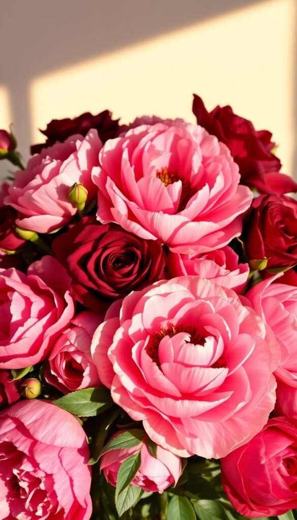 A lush and vibrant arrangement of peonies and roses in shades of pink, coral, and burgundy, artfully composed against a soft, diffused background. The blooms are illuminated by warm, natural lighting, casting gentle shadows and highlights that accentuate their delicate textures and intricate petal formations. The composition is balanced, with the flowers arranged in an asymmetrical yet harmonious manner, drawing the eye to the captivating interplay of colors and shapes. The overall mood is one of elegant sophistication and romantic charm, perfectly capturing the essence of a classic peony and rose garden.