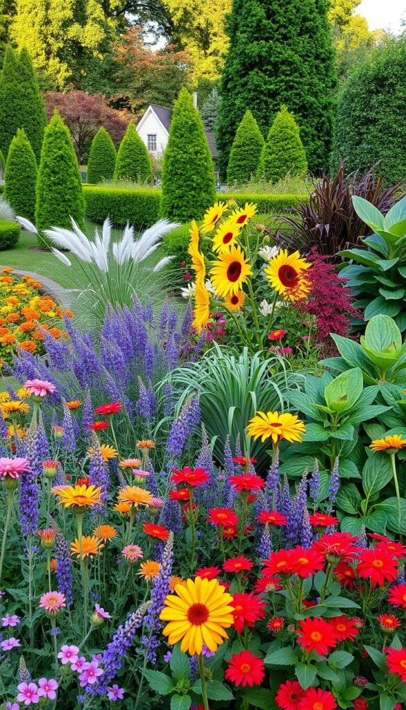 A lush and vibrant garden design featuring an assortment of carefully curated plants. In the foreground, a diverse array of flowering perennials, such as vibrant zinnias, delicate lavender, and bold sunflowers, create a captivating color palette. Moving into the middle ground, a mix of ornamental grasses and textured foliage plants, including feathery pampas grass and bold-leafed elephant ears, add depth and visual interest. In the background, a collection of evergreen shrubs and trees, such as neatly trimmed boxwoods and a majestic Japanese maple, provide a natural backdrop and a sense of structure. The scene is illuminated by warm, natural lighting, captured with a wide-angle lens to showcase the harmonious layout and the overall cohesive design.