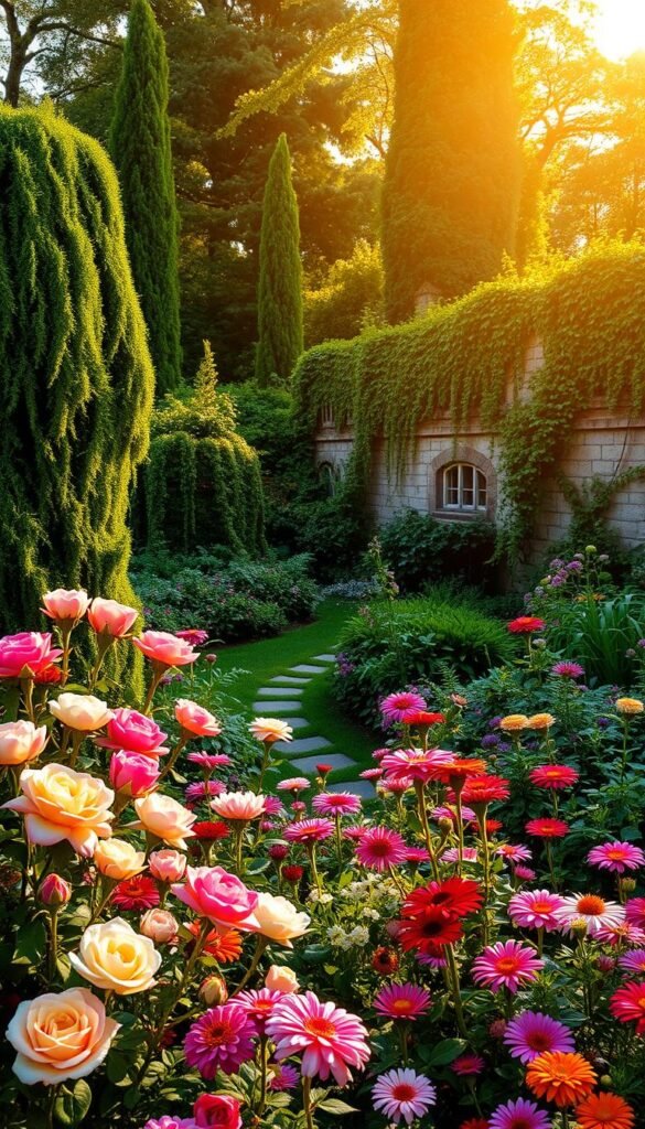 A lush and vibrant garden oasis, bathed in warm, golden sunshine. In the foreground, a kaleidoscope of blooming flowers - vibrant roses, delicate peonies, and bursts of colorful zinnias. The middle ground showcases a winding path through a verdant sea of foliage, with towering evergreens and swaying ferns. In the background, a charming stone wall adorned with cascading vines and trailing ivy, creating a sense of enchantment and seclusion. Soft, diffused lighting filters through the canopy, casting a gentle, ethereal glow over the entire scene. A tranquil and inviting atmosphere, inviting the viewer to step into this hidden sanctuary of color and life.