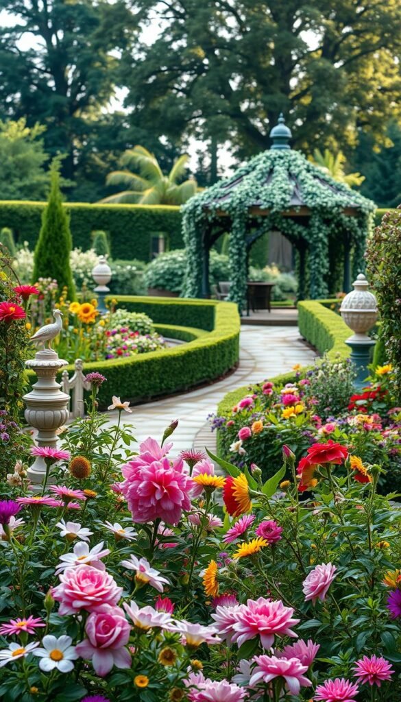 A lush and vibrant garden scene, captured in soft, diffused natural light. In the foreground, an artful arrangement of flowering plants, their petals gently swaying in a light breeze. Interspersed among the blooms are graceful garden sculptures and ornamental features, lending a sense of elegance and whimsy. The middle ground showcases a winding stone path, flanked by neatly trimmed hedges and cascading vines. In the background, a picturesque gazebo or pergola, draped in trailing vines and framed by towering trees, creating a sense of tranquility and seclusion. The overall scene conveys a harmonious blend of formal and natural elements, inspiring ideas for both structured and wild flower garden designs.