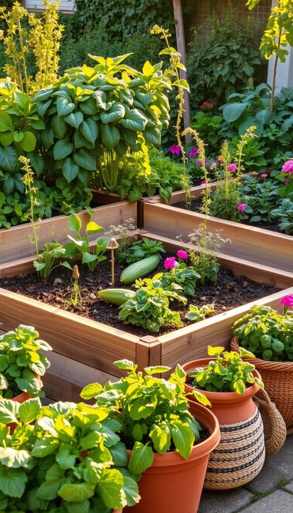 A lush and vibrant raised bed garden, surrounded by colorful container plantings, bathed in warm, golden afternoon sunlight. The raised beds are constructed with natural wood, filled with rich, dark soil brimming with thriving vegetables and herbs. Leafy greens, trailing vines, and bright flowers cascade over the edges, creating a visually stunning and bountiful display. In the foreground, terra cotta pots and woven baskets house additional crops, complementing the rustic, earthy tones of the raised beds. The scene exudes a sense of harmony and abundance, inviting the viewer to imagine the flavorful, homegrown produce that could be harvested from this bountiful small-space garden.