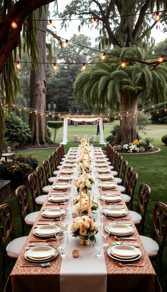 A lush, backyard garden wedding setting, with a large, ornate dining table set for an elegant alfresco meal. Delicate string lights cast a warm, romantic glow over the scene, illuminating the fine china, crystal glassware, and floral centerpieces adorning the table. In the background, towering trees and a verdant lawn create a serene, natural backdrop, while soft, muted tones of gray, ivory, and gold evoke a sense of timeless sophistication. The overall atmosphere is one of refined, yet relaxed, celebration, inviting guests to savor both the exquisite meal and the enchanting ambiance of this magical garden oasis.