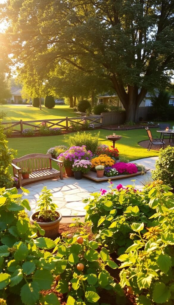 A lush backyard oasis, bathed in golden afternoon light. In the foreground, a well-tended vegetable garden bursting with vibrant greens and ripe produce. In the middle ground, a tranquil stone patio surrounded by flourishing flower beds in a riot of colors. Beyond, a beautifully landscaped lawn dotted with mature trees casting gentle shadows. A charming wooden fence encloses the space, creating a sense of privacy and seclusion. A weathered garden bench invites relaxation, while a stylish outdoor dining set promises alfresco meals. The overall atmosphere is one of peaceful harmony, where nature and human-made elements coexist in perfect balance.