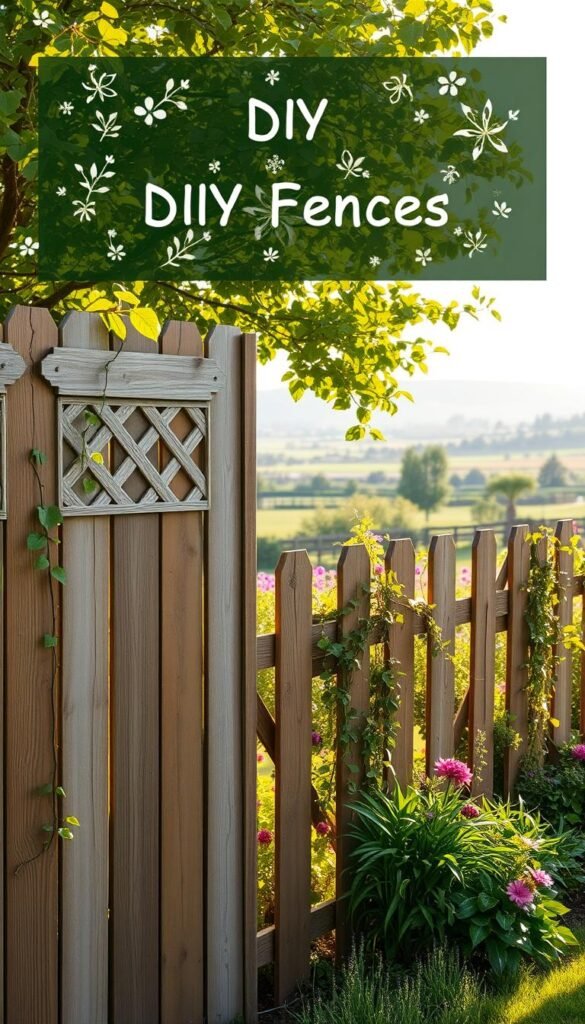 A lush backyard setting with a beautifully crafted DIY fence design. In the foreground, a rustic wooden fence with a mix of vertical and horizontal panels, adorned with decorative lattices and natural vines climbing up the sides. The middle ground features a well-tended garden with vibrant flowers and lush greenery, complementing the earthy tones of the fence. The background showcases a serene landscape, with a picturesque countryside or a charming garden vista. The lighting is soft and natural, casting warm, golden hues that enhance the overall cozy and inviting atmosphere. The entire scene conveys a sense of tranquility, creativity, and a touch of whimsical charm, perfectly capturing the essence of a DIY backyard garden project.