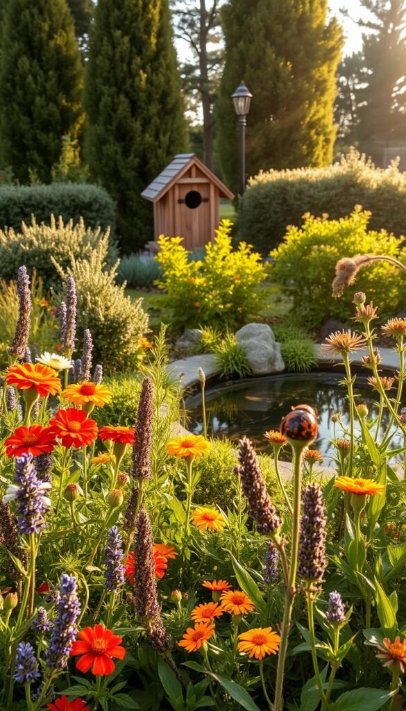 A lush, biodiverse garden scene showcasing natural pest management. In the foreground, a variety of flowering plants and herbs like marigolds, lavender, and rosemary thrive, attracting beneficial insects like ladybugs and lacewings. In the middle ground, a wooden birdhouse and a small pond teeming with fish and amphibians provide habitats for birds and amphibians that prey on garden pests. In the background, tall trees and bushes create a sheltered, shaded environment. The scene is bathed in warm, golden afternoon light, conveying a sense of balance and harmony between the natural elements. The overall atmosphere is one of a thriving, chemical-free ecosystem that promotes natural pest control.