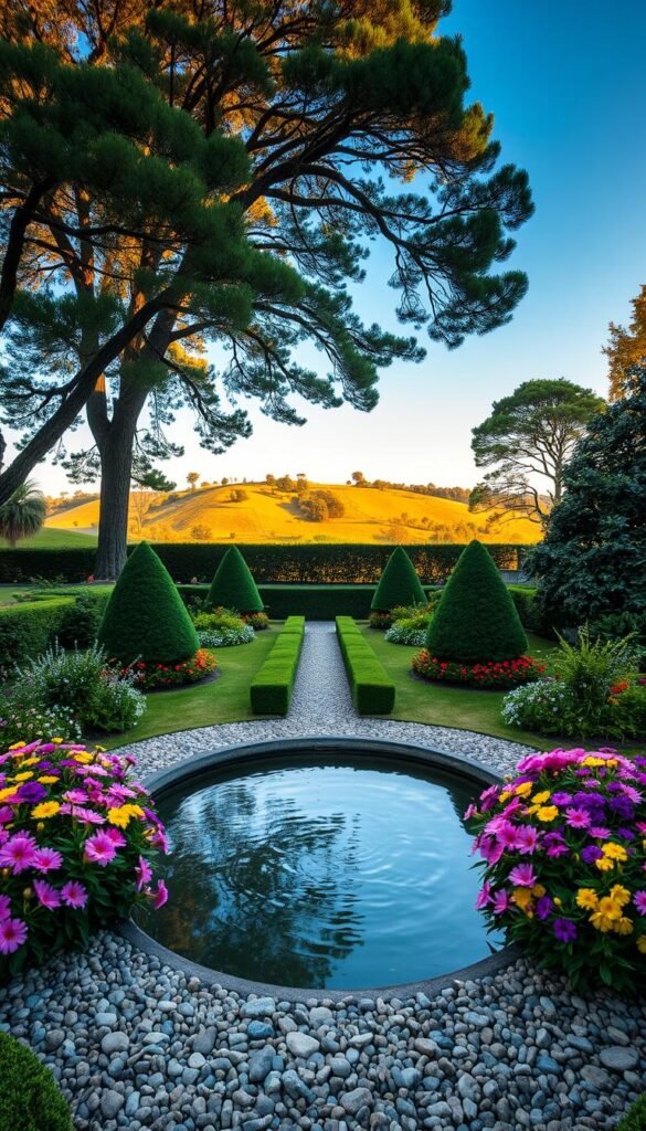 A lush, circular garden filled with an array of harmonious elements. In the foreground, a central focal point - a serene pond with gently rippling water, surrounded by a ring of vibrant flowers in shades of pink, purple, and yellow. In the middle ground, a meandering path of pebbles leads the eye inward, flanked by carefully pruned topiary bushes and evergreen shrubs. The background features a layered landscape, with tall trees casting dappled shadows and a clear blue sky overhead, illuminated by warm, golden natural lighting. The overall composition evokes a sense of tranquility, balance, and a celebration of nature's cyclical beauty.