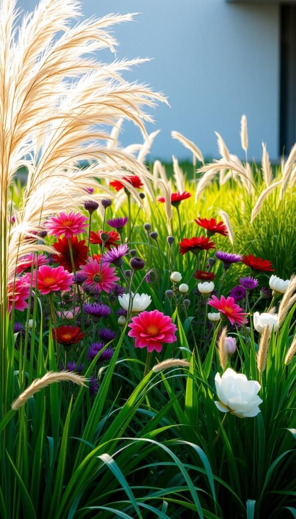 A lush, contemporary garden design featuring a dynamic arrangement of ornamental grasses and vibrant flowers. In the foreground, wispy Miscanthus grass sways gracefully, its golden plumes backlit by soft, natural sunlight. Interspersed are clusters of bold, colorful blooms - fiery red dahlias, deep purple alliums, and delicate, pale pink peonies. The middle ground features a mix of verdant Panicum and Calamagrostis grasses, their varied textures and hues creating a sense of depth and movement. In the background, a subtle, hazy blur suggests a modern, minimalist architectural element, allowing the organic, sculptural qualities of the plants to take center stage. The overall mood is one of tranquility and sophisticated elegance, perfectly encapsulating the essence of a contemporary meadow-inspired garden design.