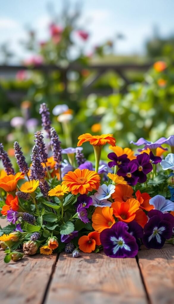 A lush culinary flower garden in soft natural light, showcasing vibrant blooms of edible flowers - lavender, marigold, nasturtium, borage, and pansies - artfully arranged on a rustic wooden table. The flowers are presented in a clean, minimalist style, allowing their intricate textures and colors to shine. The background features a blurred, idyllic garden setting with verdant foliage and a hint of blue sky. The overall mood is serene, inviting, and celebrates the beauty and versatility of these edible floral delights.