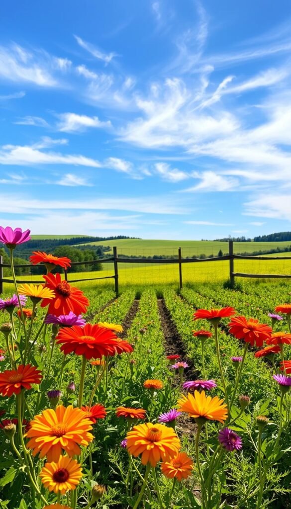 A lush, direct-sow flower garden setup in a warm, golden afternoon light. In the foreground, an assortment of vibrant blooms like cosmos, zinnias, and marigolds stand tall, their petals catching the sun's rays. In the middle ground, neatly tended rows of budding plants await their turn to blossom, framed by a rustic wooden fence. The background features a verdant, rolling landscape, with wisps of clouds drifting across a bright blue sky. The overall scene exudes a sense of peaceful abundance, inviting the viewer to imagine themselves tending to this bountiful garden.