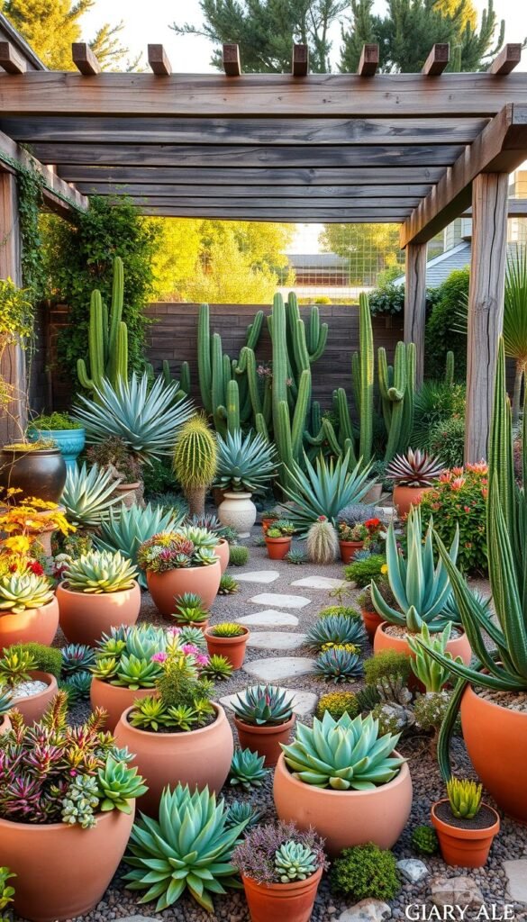 A lush, drought-tolerant backyard oasis with an abundance of vibrant succulents, cacti, and arid-adapted plants arranged in an artful, harmonious composition. The foreground features a striking array of geometric terracotta pots and planters, some overflowing with cascading sedum and echeveria. The middle ground showcases a diverse array of sculptural agave, yucca, and aloe vera, their bold silhouettes casting dramatic shadows under the warm, golden-hour lighting. In the background, a gently weathered wooden pergola frames the scene, its sturdy beams providing a natural, rustic contrast to the contemporary hardscaping. An atmosphere of serene, low-maintenance beauty pervades the entire landscape, inviting one to linger and appreciate the thoughtful blend of form and function.