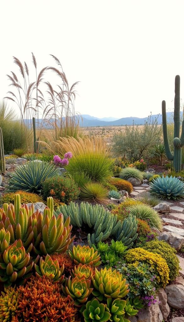 A lush, drought-tolerant landscape with diverse foliage and textures. In the foreground, vibrant succulents and cacti in earthy tones cascade over stone borders. In the middle ground, tall, swaying ornamental grasses and hardy perennials create a natural, wind-swept effect. The background features a tranquil scene of arid hills and a cloudless, warm-toned sky, bathed in soft, diffused sunlight that casts gentle shadows. The overall composition conveys a sense of water-wise, sustainable gardening in harmony with the environment.