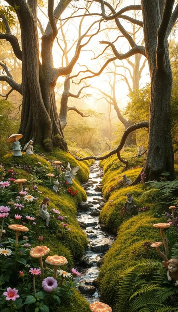 A lush, enchanted fairy garden nestled in a secluded woodland clearing. The foreground features a whimsical assortment of blooming wildflowers, mushrooms, and delicate fairy statues. In the middle ground, a babbling brook winds through the scene, its banks lined with ferns and mossy rocks. Towering trees with gnarled, twisted branches form the background, their canopy casting a warm, golden-hued glow over the entire landscape. Soft, diffused natural lighting illuminates the scene, creating an otherworldly, dreamlike atmosphere. The overall mood is one of tranquility, wonder, and a touch of mysticism.