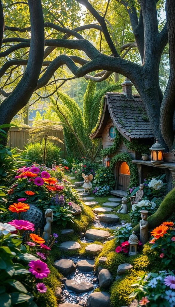 A lush, enchanted fairy garden nestled in a verdant backyard oasis. Whimsical pathways meander through vibrant blooms and shimmering foliage, leading to a delicate fairy house adorned with delicate vines and mossy accents. Dappled sunlight filters through the canopy of ancient trees, casting a warm, magical glow across the scene. Miniature fairy statues, twinkling lanterns, and a tranquil bubbling stream add to the captivating ambiance. Soft, diffused lighting accentuates the ethereal atmosphere, creating an immersive, dreamlike experience. A breathtaking fusion of nature's beauty and fantastical wonder, inviting viewers to step into a realm of enchantment.