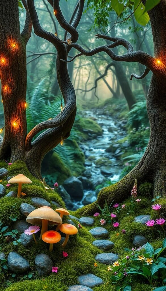 A lush, enchanted fairy garden scene set in a serene woodland glade. The foreground features a whimsical arrangement of mushrooms, mossy stones, and delicate flowers such as anemones, violets, and trailing vines. In the middle ground, gnarled tree trunks twist upwards, their branches adorned with glowing fairy lights and tiny, fluttering pixies. The background depicts a shimmering stream winding through the trees, its banks lined with ferns and wildflowers. Warm, soft lighting filters through the canopy, casting a magical, ethereal glow over the entire scene. The overall atmosphere is one of tranquility, wonder, and a touch of mystery, inviting the viewer to step into this enchanted realm.
