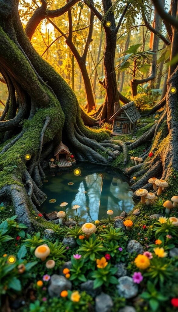 A lush, enchanted miniature landscape with a serene pond at the center, surrounded by a flourishing fairy garden. Gnarled, moss-covered tree roots twist around the water's edge, creating whimsical pathways and hideaways. Delicate mushrooms, vibrant wildflowers, and tiny ferns carpet the forest floor, while glowing fireflies dance amidst the fading evening light. A weather-worn bird house and rustic popsicle stick furniture sit nestled between the undergrowth, inviting tiny fairy folk to make their home. Warm, soft lighting filters through the canopy, casting a magical glow over the entire scene. Wide-angle lens, low perspective to capture the miniature scale and sense of wonder.