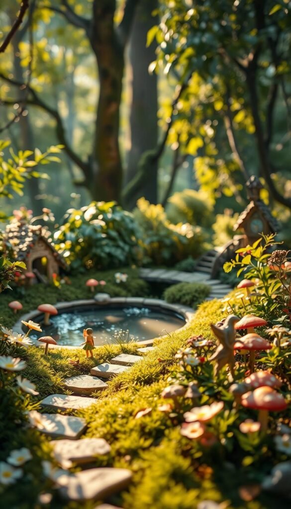 A lush, enchanting fairy garden bathed in soft, warm lighting. In the foreground, a whimsical miniature scene with delicate flowers, fairy figurines, and a charming stone path leading deeper into the garden. The middle ground features a tranquil pond with glistening water and a small bridge, surrounded by verdant foliage and mushrooms. In the background, a magical forest backdrop with towering trees, shimmering leaves, and a glimpse of a fairy house peeking through the undergrowth. The overall atmosphere is one of tranquility, wonder, and a touch of mysticism, inviting the viewer to step into this enchanted world.