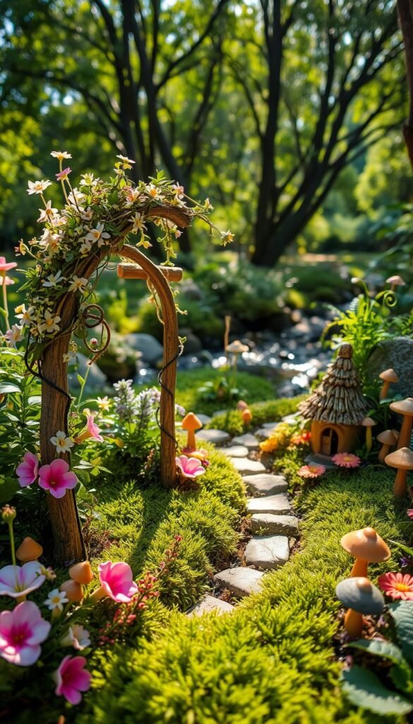 A lush, enchanting fairy garden filled with a vibrant array of whimsical plants and delightful accessories. In the foreground, a miniature wooden arch is draped with cascading vines and delicate flowers. Nearby, a tiny stone path winds through a carpet of soft moss, leading to a charming fairy house nestled among the undergrowth. The middle ground showcases a variety of fantastical flora, including bell-shaped blossoms, curling ferns, and luminescent mushrooms. In the background, a shimmering stream reflects the dappled sunlight filtering through the canopy of leafy trees, creating a serene and magical atmosphere. Dramatic lighting and a shallow depth of field bring this captivating fairy garden to life.