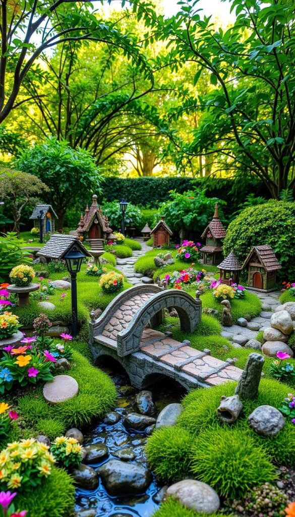 A lush, enchanting fairy garden layout with a central path winding through a vibrant, whimsical landscape. In the foreground, an ornate, miniature stone bridge arches over a babbling brook, surrounded by clusters of vibrant wildflowers, mossy stones, and delicate ferns. The middle ground features a variety of tiny, detailed fairy houses nestled among the foliage, each with its own unique architectural style and charm. In the background, a canopy of lush, verdant trees and shrubbery creates a sense of depth and mystery, dappled with soft, warm lighting filtering through the leaves. An atmosphere of tranquility, magic, and wonder pervades the scene, inviting the viewer to step into this captivating miniature world.