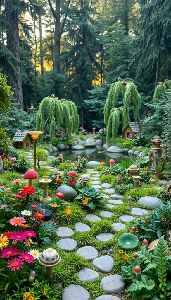 A lush, enchanting fairy garden layout with whimsical elements. In the foreground, a winding path leads through vibrant wildflowers, ferns, and delicate mushrooms. Sprinkled throughout, miniature fairy houses, birdbaths, and twinkling lights create an inviting atmosphere. The middle ground features a serene pond surrounded by smooth stones and graceful weeping willows. In the background, a dense forest with towering trees casts a soft, dappled light over the scene. The overall mood is one of tranquility and wonder, perfectly capturing the essence of a fairy garden oasis.