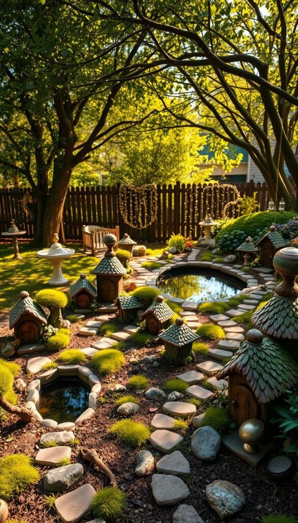 A lush, enchanting fairy garden nestled in a secluded backyard. In the foreground, a cluster of miniature fairy houses crafted from natural materials like moss-covered stones, twigs, and acorn caps. Winding pathways meander through the scene, leading to a serene pond reflecting the dappled sunlight. In the middle ground, whimsical garden sculptures and ornaments add to the magical atmosphere - a tiny wooden bridge, a fairy-sized birdbath, and delicate flower garlands. The background features a verdant canopy of trees, their branches adorned with twinkling fairy lights. The scene is bathed in a warm, golden glow, creating an inviting and tranquil fairy-tale ambiance.