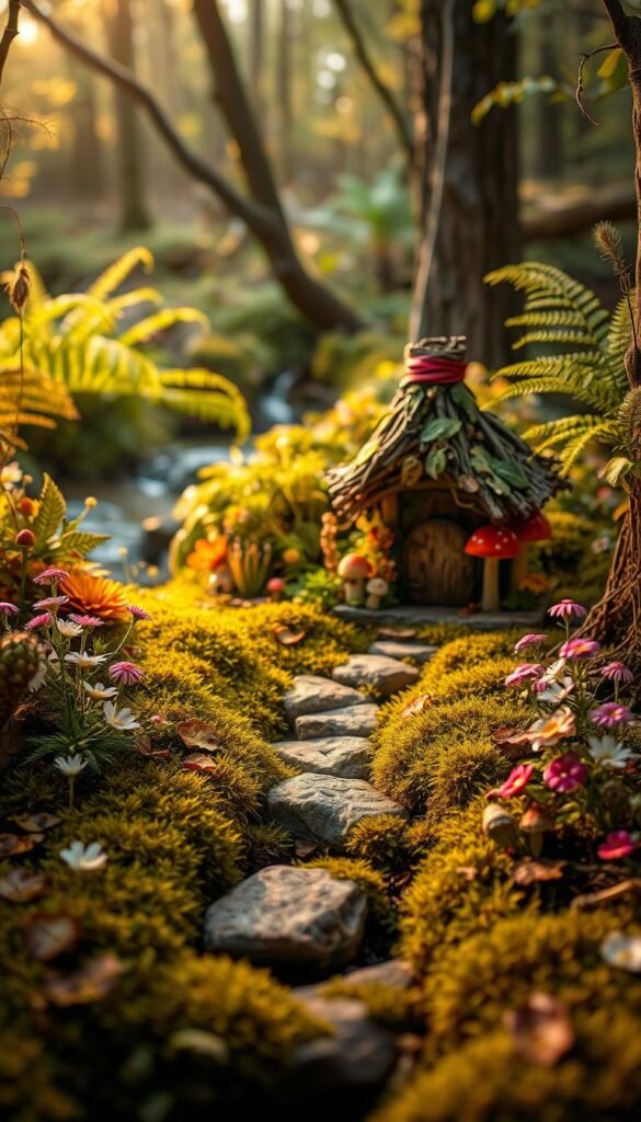 A lush, enchanting fairy garden scene with an abundance of natural materials. In the foreground, a variety of delicate, vibrant flowers and moss-covered stones create a whimsical path. Midground features a miniature fairy house made of twigs, leaves, and mushrooms, surrounded by clusters of colorful toadstools. In the background, a serene woodland backdrop with sun-dappled trees, ferns, and a babbling brook. Warm, diffused lighting casts a magical glow, evoking a sense of tranquility and wonder. The overall composition captures the essence of an inviting, enchanted fairy realm ready to be discovered.