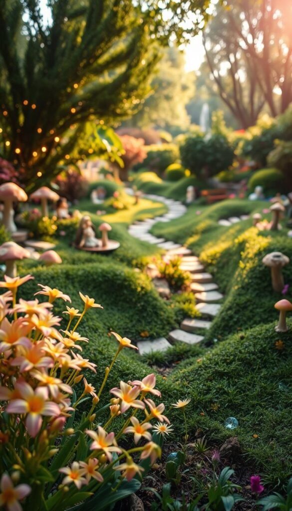 A lush, enchanting fairy garden, with delicate flowers blooming amidst a whimsical arrangement of miniature pathways, mushrooms, and twinkling fairy lights. In the foreground, a cluster of vibrant, otherworldly plants, their petals shimmering in the soft, warm glow of the afternoon sun. In the middle ground, a winding path leads the eye through a dreamlike landscape, where small statues and figurines add a touch of magic. In the background, a verdant canopy of trees and shrubs sets the stage for this tranquil, mystical scene. Captured with a shallow depth of field, creating a sense of depth and intimacy, this image invites the viewer to step into a world of fantasy and wonder.