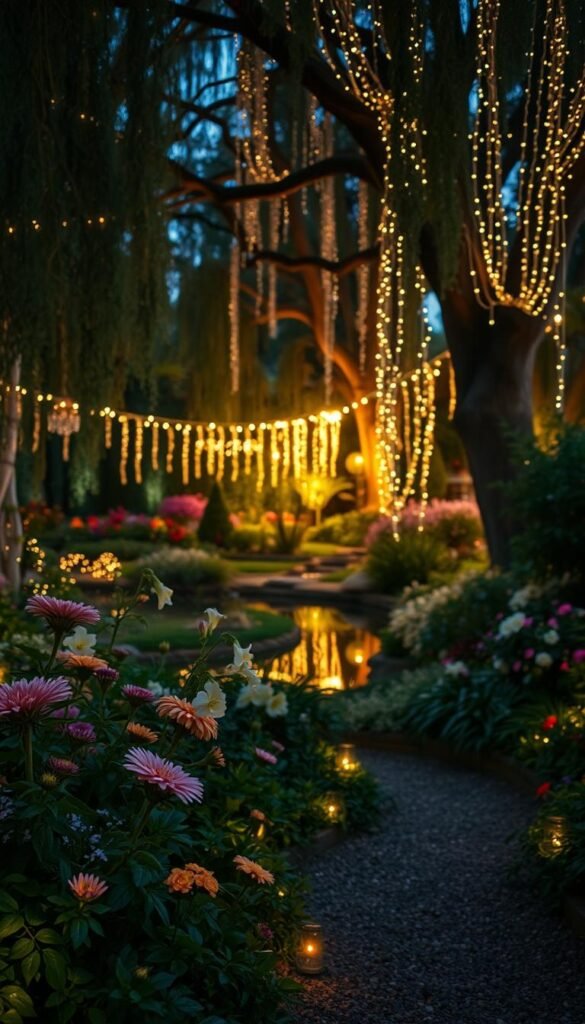 A lush, enchanting garden at twilight, where delicate fairy lights twinkle and dance, casting a warm, whimsical glow across the scene. In the foreground, a winding path is lined with blooming flowers and verdant foliage, their colors softened by the magical illumination. In the middle ground, a serene pond reflects the twinkling lights, creating a mesmerizing, shimmering effect. The background is framed by towering trees, their branches dripping with cascading fairy lights, giving the impression of a secret, otherworldly oasis. The overall atmosphere is one of tranquility and wonder, inviting the viewer to step into this enchanted, illuminated garden.