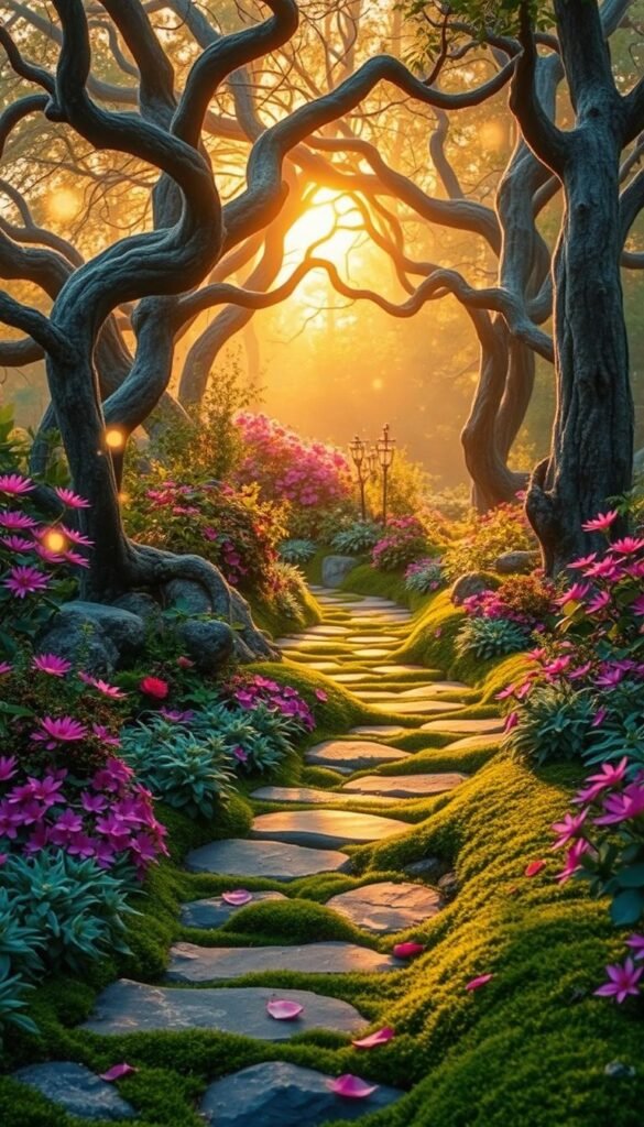 A lush, enchanting garden pathway winds through a whimsical fairytale landscape. Vibrant, otherworldly flora in shades of pink, purple, and turquoise line the mossy stone trail, which is bathed in a warm, golden glow from the late afternoon sun filtering through the canopy of twisted, magical trees above. Glowing fireflies dance in the air, adding a touch of ethereal wonder, while delicate flower petals drift lazily in the gentle breeze. A sense of tranquility and boundless imagination permeates the scene, inviting the viewer to embark on a journey through this captivating, enchanted world.
