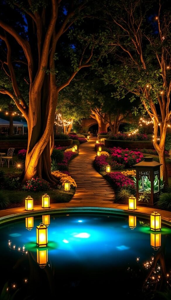 A lush, enchanting outdoor space at night, illuminated by a warm, ambient glow. In the foreground, a tranquil pond reflects the flickering light of lanterns strategically placed around its perimeter, creating a mesmerizing effect. Towering trees line the middle ground, their branches adorned with delicate string lights that sway gently in a soft breeze. In the background, a stone pathway winds through a meticulously manicured garden, surrounded by vibrant, colorful flora that seem to glow from within. The overall atmosphere is one of serene beauty, inviting the viewer to step into this nighttime oasis and bask in its soothing, magical ambiance.