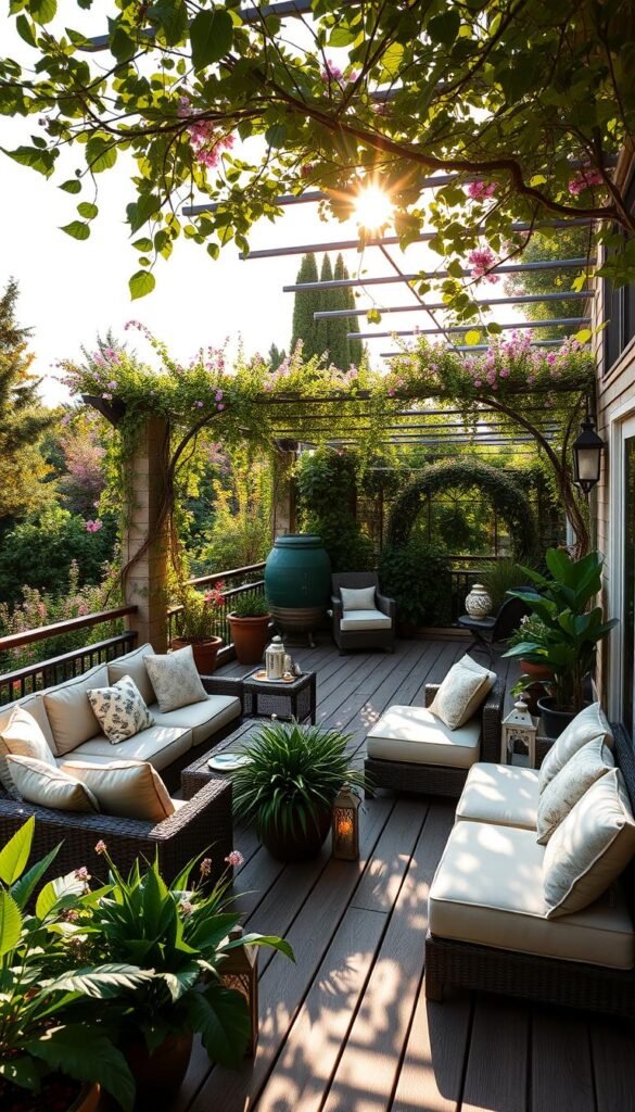 A lush, expansive outdoor living deck nestled amidst a verdant garden oasis. The deck features a modular seating arrangement with plush, weather-resistant cushions, inviting guests to lounge and unwind. Interspersed among the seating are potted plants and decorative lanterns, casting a warm, ambient glow. In the background, a wrought-iron pergola adorned with cascading vines and blooming flowers creates a sense of privacy and enclosure. Sunlight filters through the pergola, casting playful shadows and highlighting the natural textures of the wooden deck. The scene exudes a serene, harmonious atmosphere, seamlessly blending the indoor and outdoor living experience.