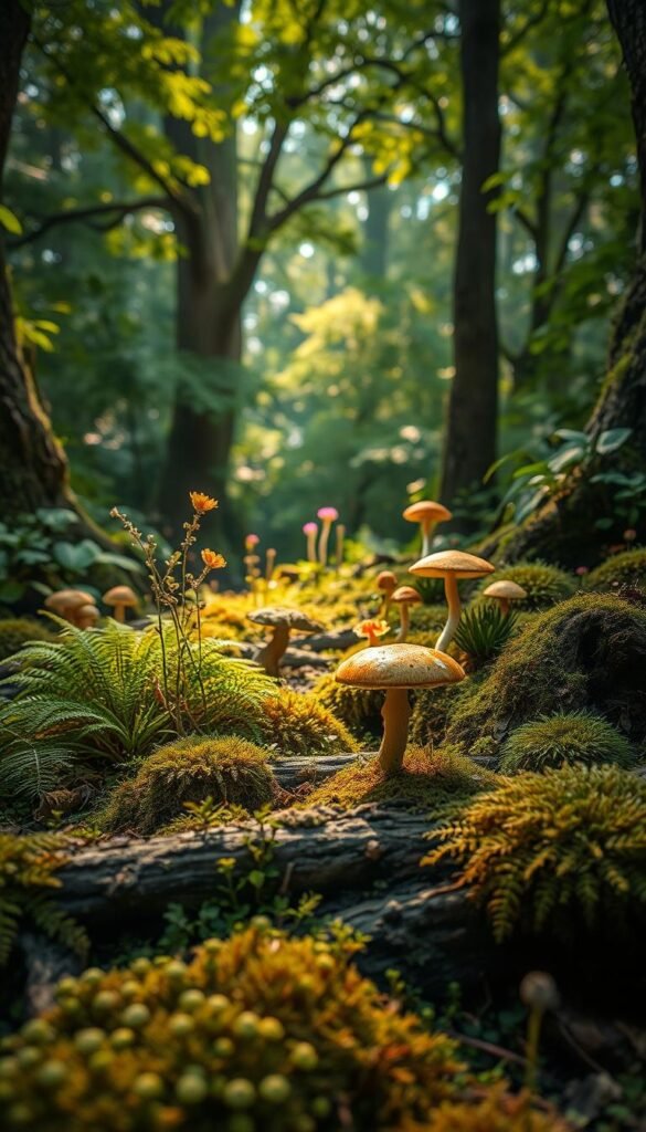 A lush fairy garden brimming with natural textures and organic details. In the foreground, delicate ferns and mosses carpet the ground, their verdant hues complemented by the weathered bark of fallen logs. In the middle ground, whimsical toadstools and flowering plants sway gently in a soft breeze, their petals and caps capturing the light in ethereal patterns. Beyond, a tapestry of towering trees and verdant foliage forms the background, their leaves rustling and casting dappled shadows across the scene. Warm, directional lighting bathes the entire composition in a magical, golden glow, evoking a sense of wonder and tranquility. The overall impression is one of a secluded, enchanted oasis, where nature's touch has created a truly enchanting fairy garden.