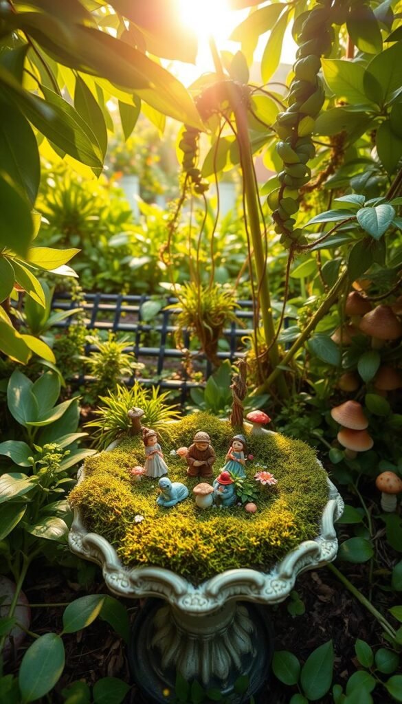 A lush fairy garden nestled amidst the benefits of upcycling. In the foreground, a whimsical birdbath repurposed into a mossy centerpiece, adorned with miniature figurines and delicate flowers. The middle ground showcases vibrant greenery, with cascading vines and delicate mushrooms sprouting from recycled materials. In the background, a warm, golden light filters through the leaves, creating a serene and enchanting atmosphere. The scene is captured with a wide-angle lens, emphasizing the depth and harmony of the upcycled elements. The mood is one of tranquility and wonder, inviting the viewer to appreciate the beauty that can emerge from thoughtful reuse.
