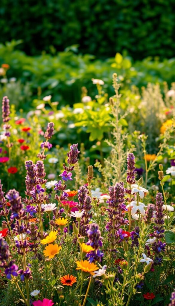 A lush, fragrant garden filled with vibrant flowers and thriving herbs. In the foreground, a variety of colorful blooms including lavender, rosemary, and fragrant jasmine, their petals gently swaying in a soft breeze. The middle ground showcases a mix of bushy herbs like basil, thyme, and oregano, their leaves emitting a pleasant aroma. In the background, a blurred expanse of verdant foliage provides a serene backdrop. Warm, golden light filters through the scene, casting a natural, welcoming glow. The overall composition evokes a sense of tranquility and abundance, inviting pollinators to explore this bountiful, sensory-rich garden.