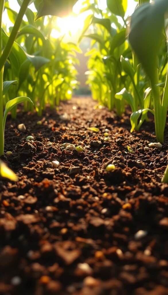 A lush garden bed in soft morning light, the soil rich and dark, teeming with life. Sunlight filters through the canopy, casting a warm, golden glow on the earthy textures. Verdant plants, their leaves gently swaying, frame the scene. Granules of soil, grains of sand, and organic matter visible in intricate detail, inviting tactile exploration. The composition balanced, with a sense of depth and dimension, showcasing the vital foundation for a thriving cut flower garden.