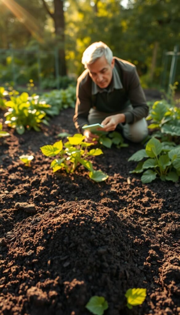 A lush garden bed, its soil rich and fertile, as a gardener meticulously tests the composition using a soil testing kit. In the foreground, compost is being carefully blended into the earth, its dark, organic matter nourishing the soil. Warm afternoon sunlight filters through the trees, casting a golden glow over the scene. The gardener's focused expression reflects the importance of this soil preparation process, ensuring the foundation for a thriving, self-sustaining garden.