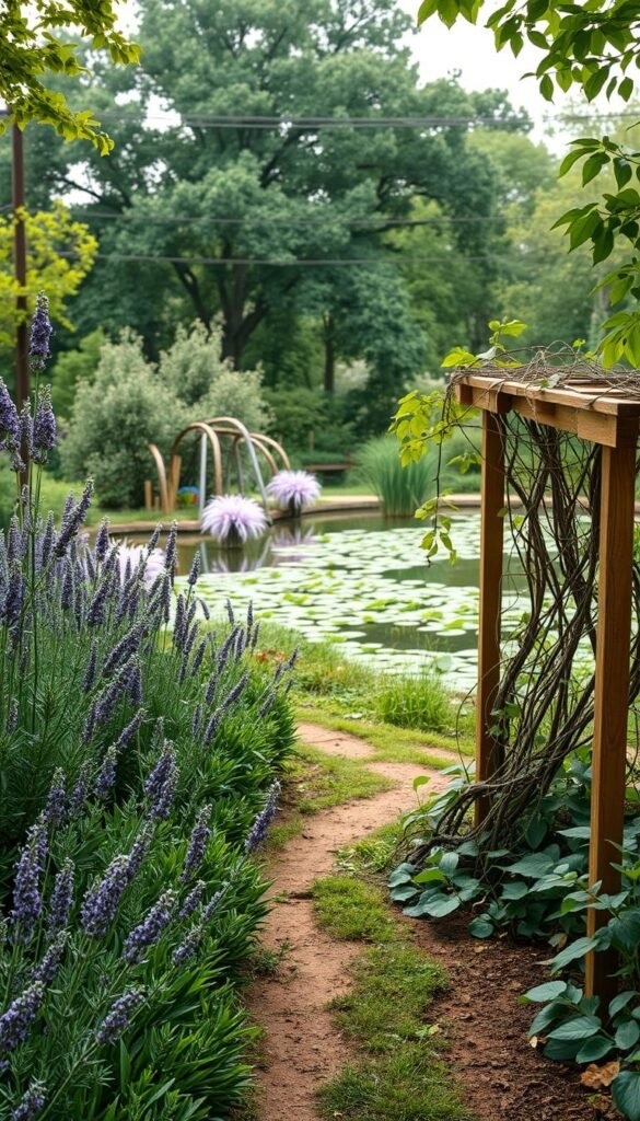 A lush garden filled with natural pest control barriers and traps. In the foreground, a winding path is lined with a dense hedge of fragrant lavender and rosemary, their aromatic oils deterring insects. In the middle ground, a wooden trellis supports a thriving passion vine, its tangled tendrils creating a physical barrier for crawling pests. The background showcases a serene pond, its surface dotted with floating water hyacinth plants, their roots acting as a natural filtration system to maintain a healthy ecosystem. Diffused natural light filters through the canopy of fruit trees, casting a warm, earthy glow over the scene. The overall composition exudes a sense of balance and harmony, reflecting the beauty of a self-sustaining, chemical-free garden.