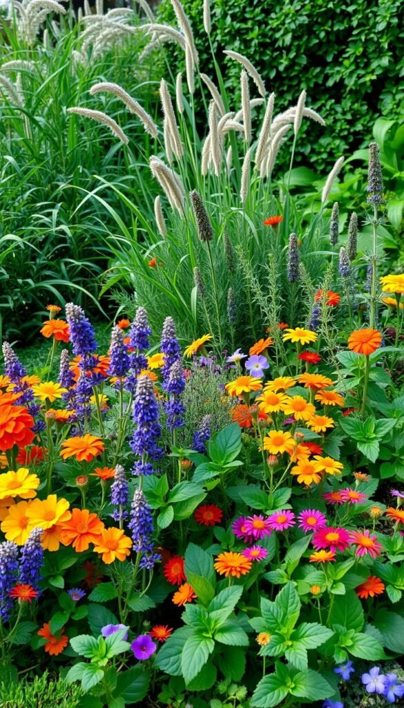 A lush garden filled with vibrant companion plants, arranged in a harmonious natural setting. In the foreground, a variety of herbs and flowers - lavender, marigolds, and nasturtiums - intertwined, creating a colorful tapestry. The middle ground showcases aromatic plants like rosemary, thyme, and sage, their leaves gently swaying in a soft breeze. In the background, a backdrop of verdant foliage, including tall grasses and leafy bushes, adds depth and a sense of tranquility. The lighting is soft and natural, casting a warm, inviting glow over the scene. The overall composition conveys a serene, pesticide-free environment, where nature's own pest control mechanisms thrive.