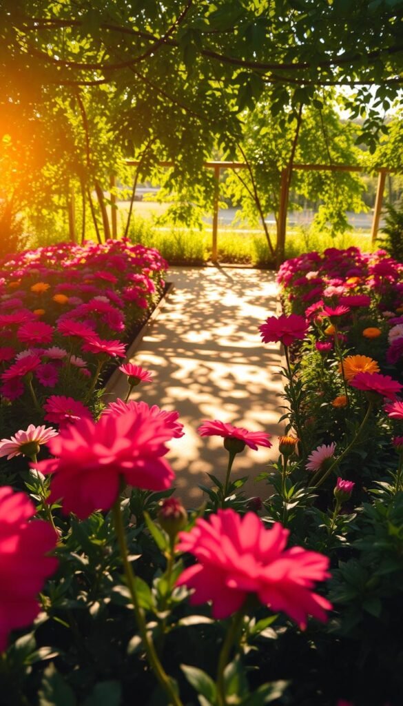 A lush garden of vibrant flowers bathed in warm, natural sunlight. The foreground features a variety of blooming flowers, their petals gently swaying in a soft breeze. The middle ground showcases intricate patterns of light and shadow cast by the sun, creating a mesmerizing interplay across the garden bed. In the background, a canopy of verdant foliage frames the scene, adding depth and dimension. The lighting is soft, diffused, and evenly distributed, accentuating the rich colors and textures of the flowers and foliage. The overall atmosphere is serene, peaceful, and inviting, evoking a sense of tranquility and the beauty of nature.