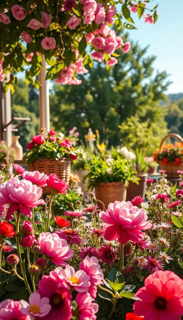 A lush garden party color palette, bathed in warm afternoon sunlight. In the foreground, a vibrant array of blooming flowers - lush peonies, fragrant poppies, and delicate wildflowers. A mid-ground filled with potted plants and woven baskets overflowing with greenery. The background features a dreamy, out-of-focus vista of verdant trees and a clear blue sky. The overall mood is one of relaxed elegance, with a soft, diffused lens effect creating a sense of timeless charm. Gentle shadows and highlights add depth and dimension, while the color palette features a harmonious blend of pastel hues, earthy tones, and pops of vivid color.
