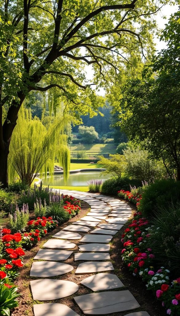 A lush garden path winds through a serene landscape, flanked by vibrant flower beds and verdant foliage. The path is crafted from natural stone, gently curving to invite exploration. Dappled sunlight filters through the canopy of overhanging trees, casting a warm, inviting glow. In the distance, a tranquil pond reflects the surrounding greenery, adding a calming element to the scene. The overall composition emphasizes the harmonious integration of the path with the natural environment, showcasing how thoughtful garden path design can enhance the visual and experiential aspects of a landscape.