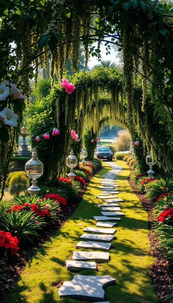 A lush garden path winds through a whimsical oasis, flanked by vibrant blooms and verdant foliage. Scattered stepping stones guide visitors on a meandering journey, casting dappled shadows across the meandering trail. Archways draped in cascading vines frame the path, creating an enchanting, fairytale-like atmosphere. Soft, warm lighting filters through the canopy, casting a golden glow and lending a sense of tranquility. The path splits and curves, encouraging exploration and discovery, leading guests on a visually captivating adventure through the breathtaking landscape.