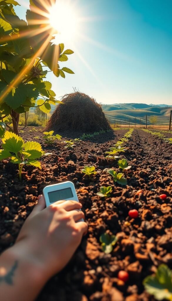 A lush garden plot, its soil teeming with vibrant organic matter. In the foreground, a gardener's hand gently sifts through the rich, dark earth, testing the pH level with a soil testing kit. Rays of warm, golden light filter through verdant foliage, casting a soft glow over the scene. In the middle ground, a compost pile stands tall, its decomposing materials forming a nutrient-dense foundation for the garden. The background features rolling hills and a clear blue sky, creating a serene, pastoral atmosphere. The image conveys the importance of carefully preparing the soil with a balance of pH and organic matter, essential for the healthy growth of strawberries and other plants.